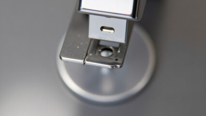 Fototapeta premium Close-up of a silver stapler on a gray surface, office supply