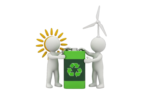 Stick Figures Holding Green Recycle Battery with Sun and Wind Icons on Transparent