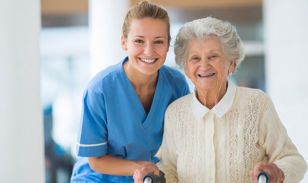 A smiling nurse in blue uniform assists an elderly woman using a walker.