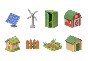 Stylized Farm Objects with Cartoon House, Barn, Solar Panel on Transparent Background