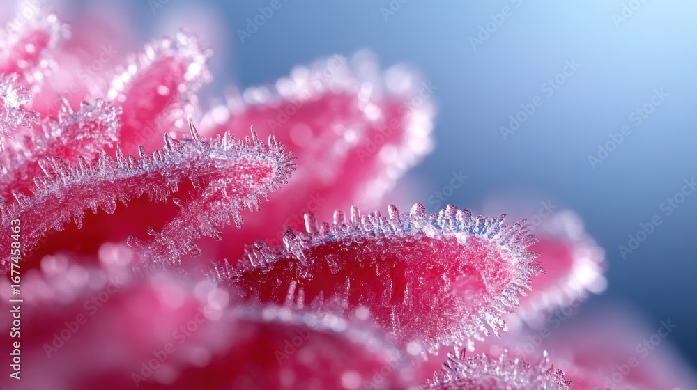 Poster red raspberry macro with icy coating, surface hairs and subtle textures brought to life in vivid cla