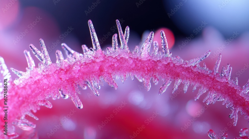 Poster red raspberry macro with icy coating, surface hairs and subtle textures brought to life in vivid cla