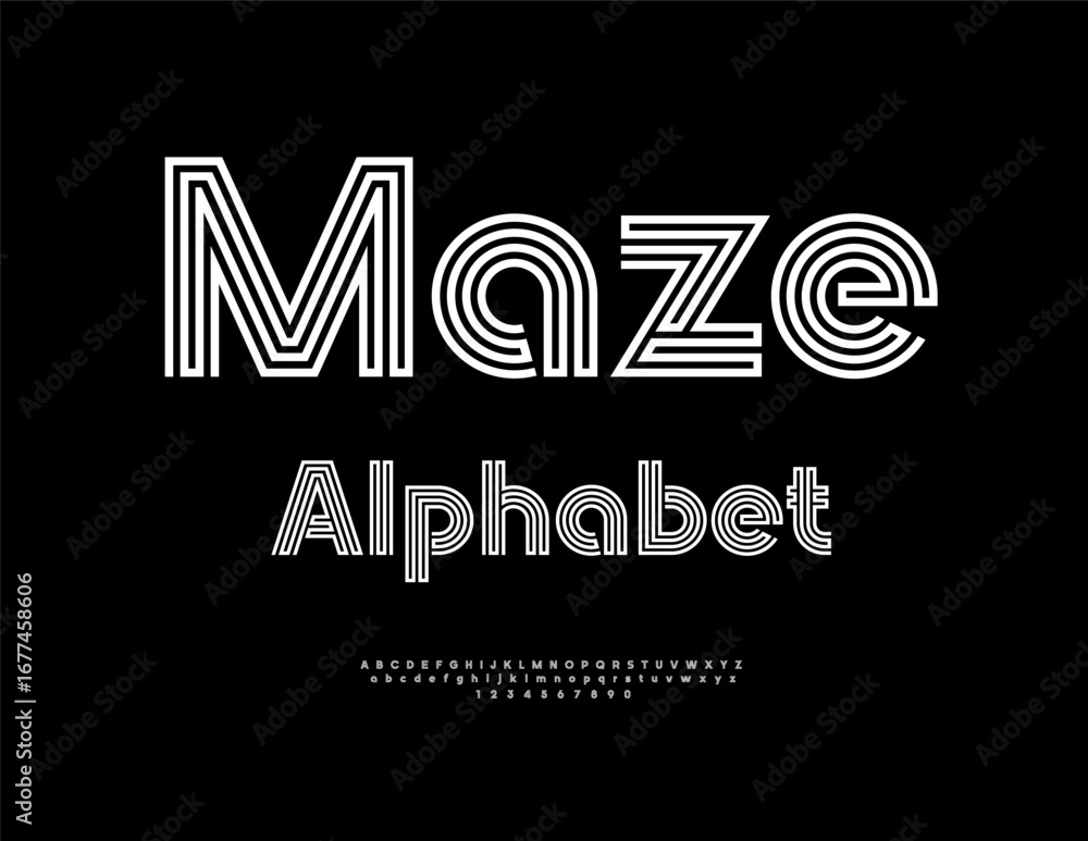 Poster vector maze style font. exclusive cool neon alphabet letters and numbers set.