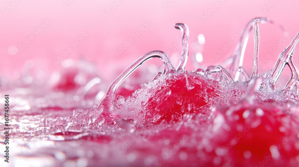 Poster red raspberry macro with icy coating, surface hairs and subtle textures brought to life in vivid cla