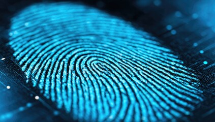 Close-up view of a vibrant blue fingerprint pattern, highlighted against a dark, intricate background.