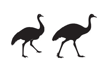 Two black silhouettes of cranes walking against a white background