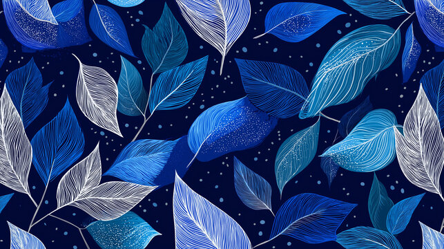 Dise&ntilde;o digital de hojas estilizadas en tonos azules y blancos sobre fondo azul oscuro con efecto estrellado, ideal para fondos decorativos, textiles modernos y arte gr&aacute;fico elegante y minimalista.