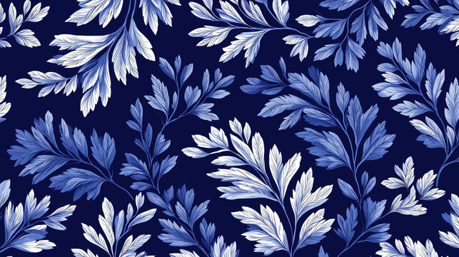 Patr&oacute;n decorativo de hojas estilizadas en tonos azules y blancos sobre fondo azul oscuro, con textura detallada y sombreado, ideal para dise&ntilde;o textil, papel tapiz y fondos digitales elegantes.
