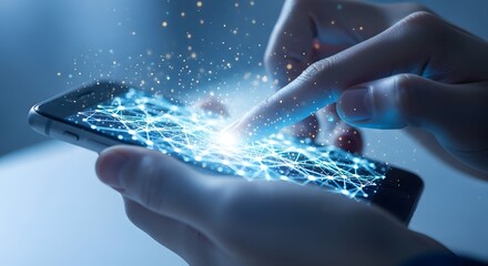 Close up of a hand interacting with a smartphone displaying a glowing digital network connection