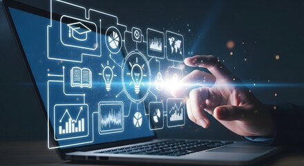 Human finger interacting with a glowing digital interface displaying various business and education icons on a laptop screen