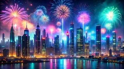 Spectacular Fireworks Display Over a Modern City Skyline Reflecting on the Water at Night