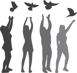 People reaching upwards towards flying birds silhouettes symbolizing hope freedom and aspiration