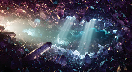 Naklejka premium Amethyst crystal cave light beams gemstone purple mineral geology fantasy background wallpaper art 3d render