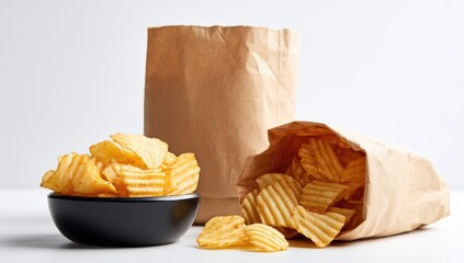 Crispy potato chips in a bowl and paper bag