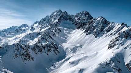 Obraz premium A vast, snow-covered mountain range stretches towards a clear blue sky, showcasing dramatic peaks and valleys.