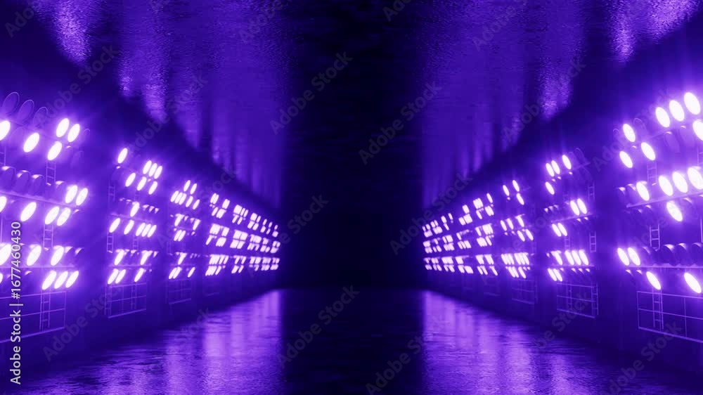 Poster wet floor reflecting colorful neon lights illuminating a dark corridor with metal grids on walls, cr