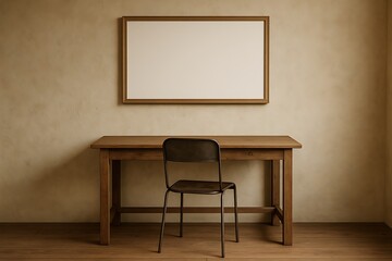 Wood desk, black chair, large landscape frame, neutral beige wall background, calm decorative scene for interior display, balanced negative space with gentle daylight