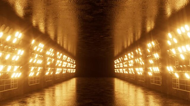 Golden spotlights casting dramatic illumination across reflective industrial corridor floor, creating atmospheric scene with deep shadows and futuristic architectural perspective