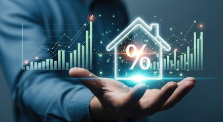 Person holding futuristic glowing house icon with financial data charts and percentage symbol