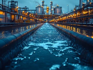 Obraz premium Glowing industrial canals carrying clean water through a smart city