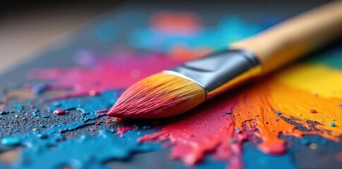 Fototapeta premium Close-up of a paintbrush resting on a painter's palette, bristles softly coated in vibrant acrylic paints Ready for the next stroke of artistic genius , canvas, colorful, still life