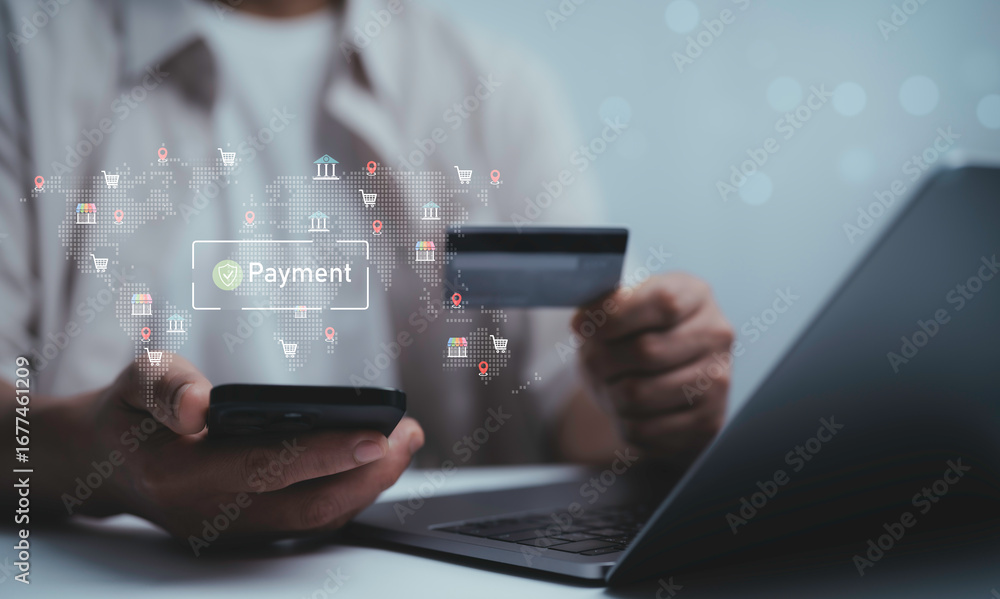 Poster man holding smartphone and credit card with digital payment system icons on world map. concept of on