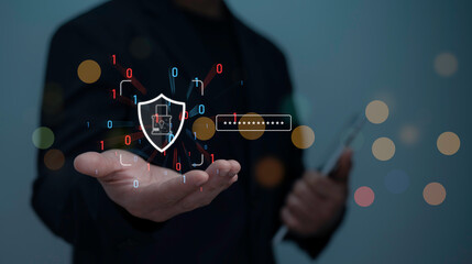Businessman holding digital shield with lock icon and password security system. Concept of...