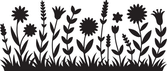 A horizontal silhouette design of a beautiful wildflower meadow with various flowers and grasses in bloom.