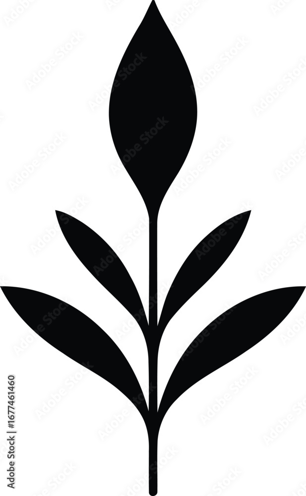 Poster stylized black plant silhouette graphic with pointed leaves emerging from a central stem creating a 
