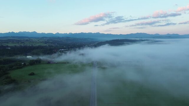 Zakopianka Road to Tatra Mountains Covered in Morning Fog, Nowy Targ Aerial View