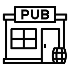 A black and white image of a pub with a barrel on the sidewalk. The pub is a small building with a door and windows. Editable Stroke.