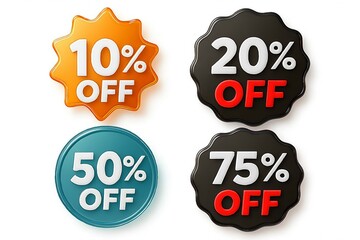 Four colorful discount tags showing 10 20 50 and 75 percent off