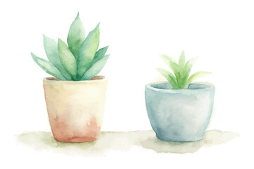 Watercolor House Plants in Ceramic Pots