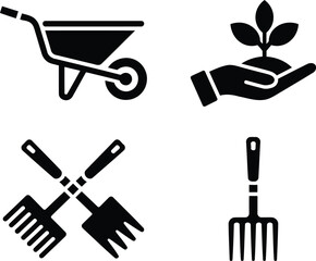 Gardening Tools and Growing Plant Black Silhouette Icon Set Wheelbarrow Hand Holding Plant and Rakes Symbolizing Horticulture Agriculture and Sustainable Living Practices 
