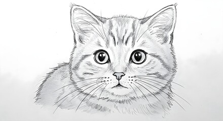 Realistic black and white pencil sketch of cat portrait with detailed fur. 4K illustration image