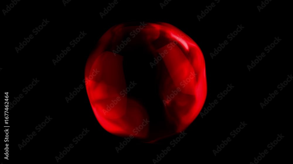 Poster smooth, pulsating red sphere morphing on a black background, creating a mesmerizing visual effect, i