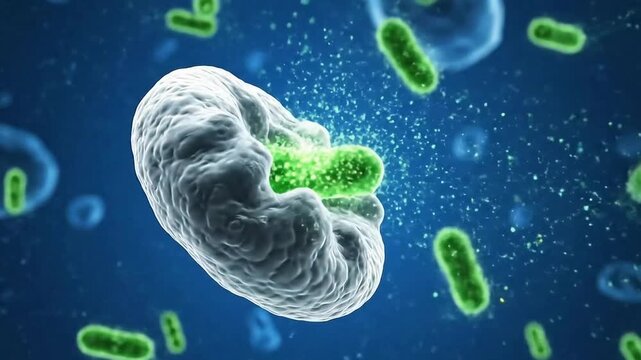 Microscopic 3D animation of white blood cells fighting bacteria, educational health video, seamless loop, 4K