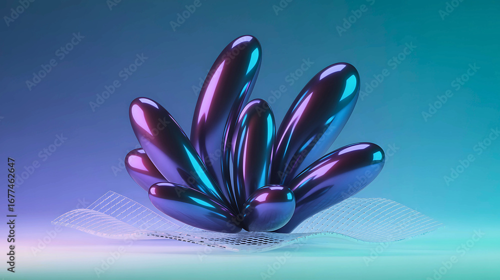 Poster surreal futuristic scene featuring glowing purple and blue liquid shapes on a reflective surface, cr