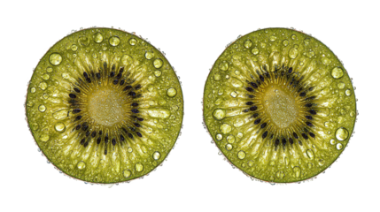 Two Slices of Fresh Green Kiwi with Water Droplets on Transparent Background