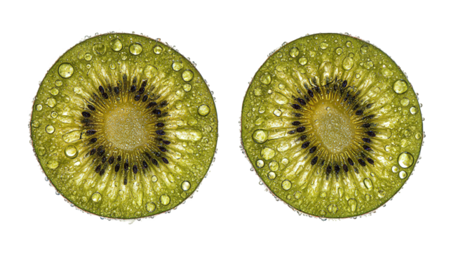 Two Slices of Fresh Green Kiwi with Water Droplets on Transparent Background