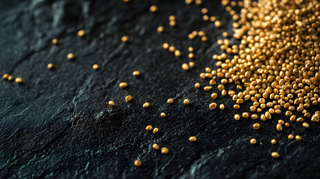 A close-up of golden einkon grains scattered on a dak surface, showcasing thei elongated shape and fine exture under natural light