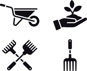 Black and White Gardening Icons Depicting Tools and Planting Black silhouette illustrations of gardening tools, hands with growing plants, and a wheelbarrow for outdoor work