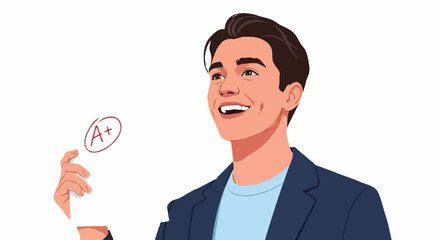 Happy male student excitedly holding an exam paper with an A+ grade on a white background