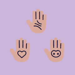 3D hand icon set with symbols for charity, fortune-telling, and savings on a lilac background