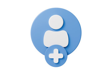 3d add user circle icon. new account and social media signup concept. Minimal cartoon profile with plus sign in blue round button isolated on white background. 3d render.