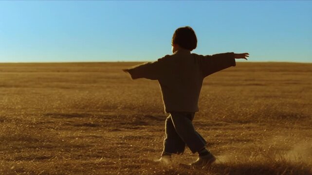 Asian boy running freely across the vast golden steppe, spreading his arms like wings, imitating a flying bird in cinematic realism