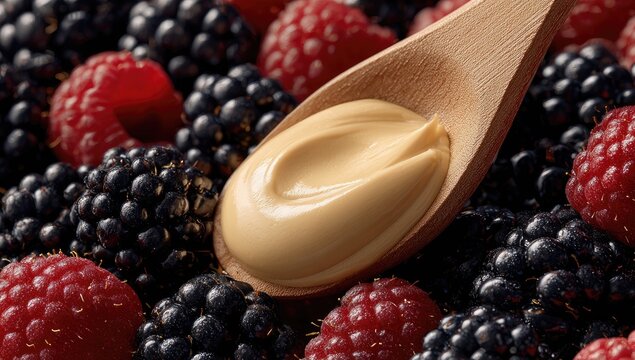 Creamy spread on a wooden spoon amidst fresh berries