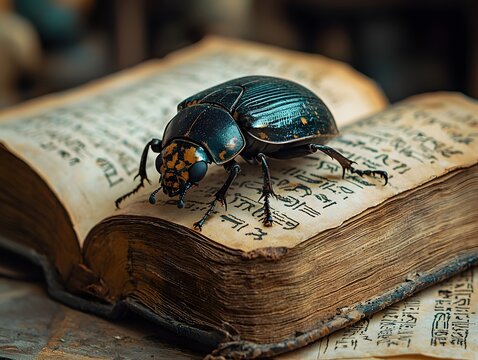 An ancient book with hieroglyphic text hosting a curious scarab beetle