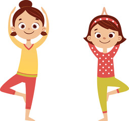 Four smiling children practicing diverse yoga poses on a clean white background