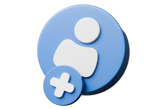 3d add user circle icon. new account and social media signup concept. Minimal cartoon profile with plus sign in blue round button isolated on white background. 3d render.
